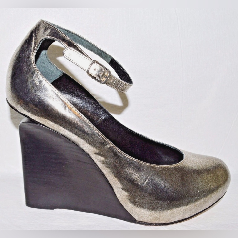 GEORGINA GOODMAN 7 M 37.5 SILVER LEATHER WEDGE HEEL PLATFORM ANKLE STRAP SHOES